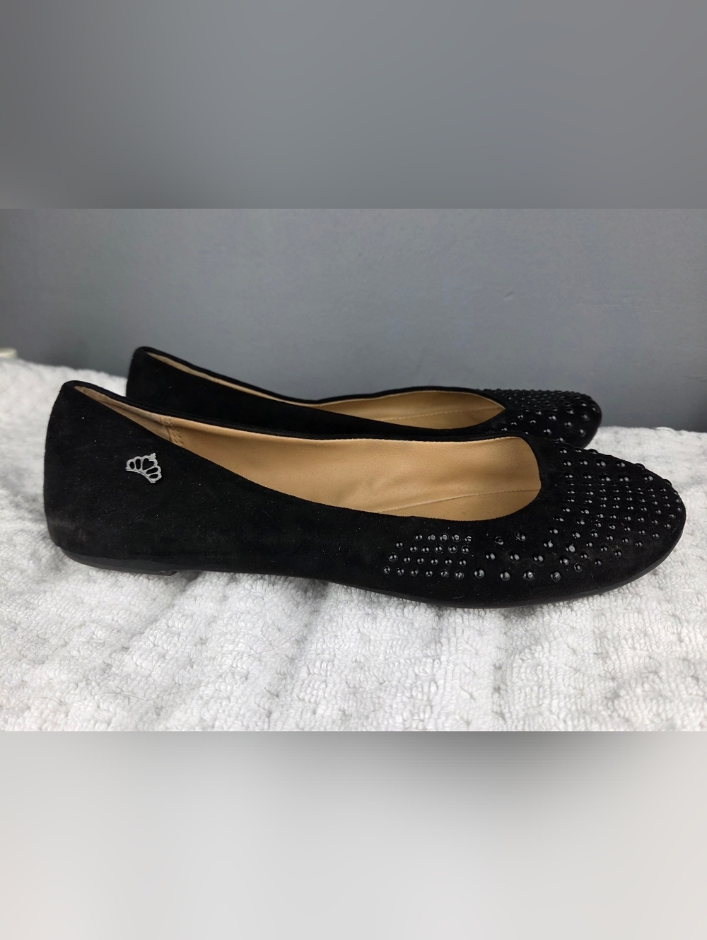Fergalicious Black Suede Crystal-Embellished Ballet Flats